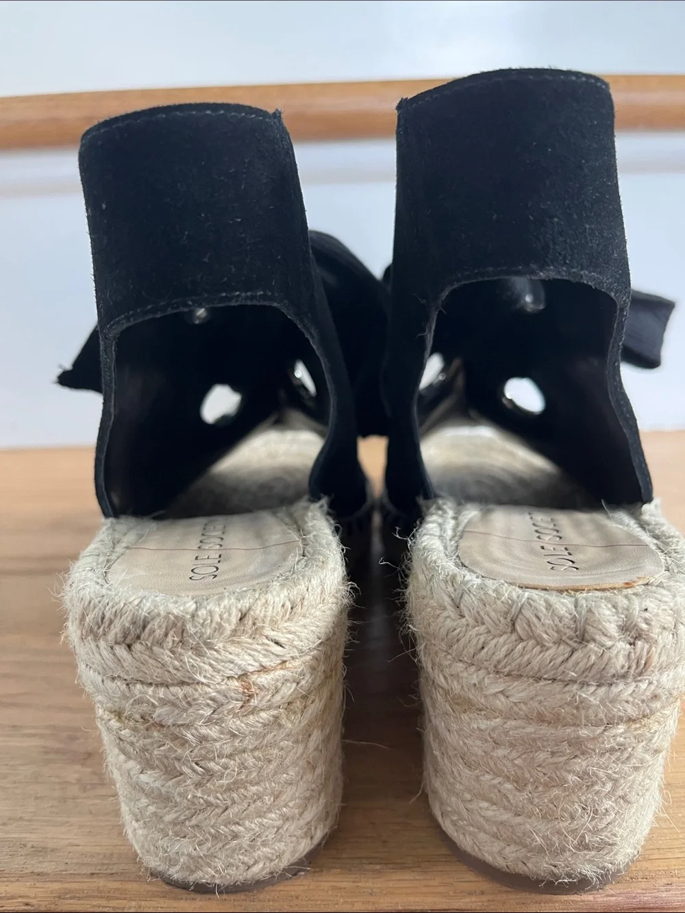 Sole Society Black Suede Espadrille Wedge Sandals with Tie Detail